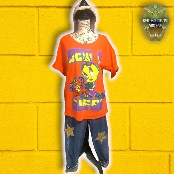 Vintage 1990’s Kidcore Tweety Bird Get A Life Looney Tunes Oversized Graphic Shi - Picture 7 of 8